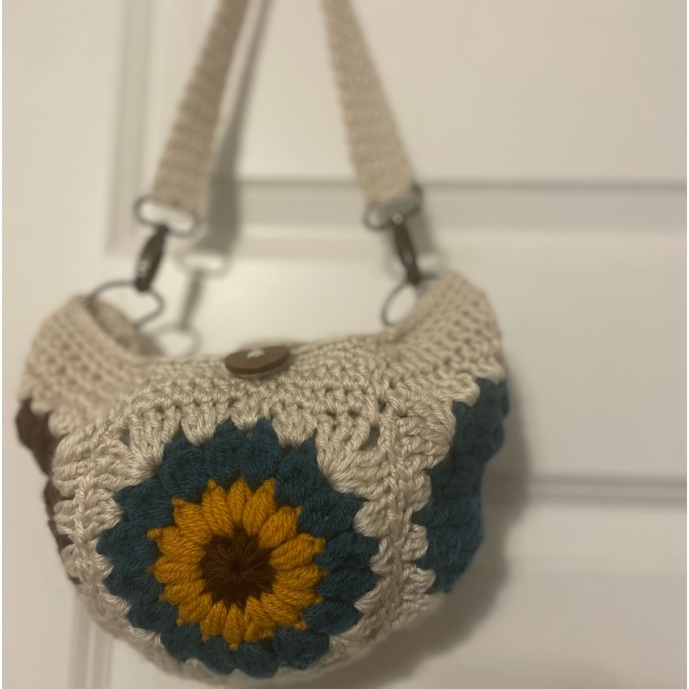 Hand crocheted mini fanny pack. Tan, brown and gold.